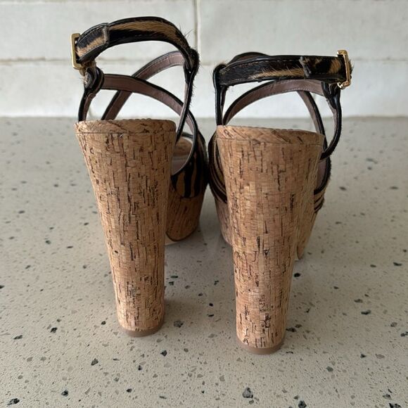 Vince Camuto VC-Deville Tan/Brown Leather Zebra Print Cork Platform Sandals Sz 9 - Picture 4 of 12
